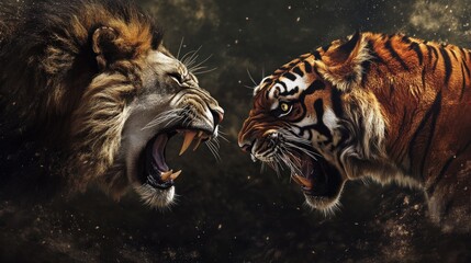 Lion vs angry tiger face to face dramatic jungle background wallpaper AI generated image