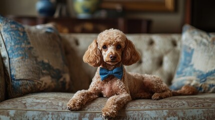 A stylish dog wearing a bow tie lounges elegantly on a decorative couch.