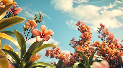 Wall Mural - blooming flowers against a blue sky with white clouds