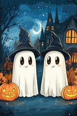 Wall Mural - Two white ghosts holding pumpkins and smiling