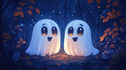 Wall Mural - Two white ghosts are smiling and standing in a forest