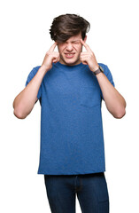 Wall Mural - Young handsome man wearing blue t-shirt over isolated background with hand on head for pain in head because stress. Suffering migraine.