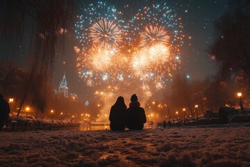 Wall Mural - Couple Watching Fireworks Over Snowy City