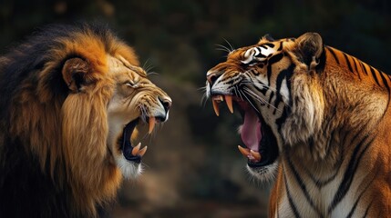 Lion vs angry tiger face to face dramatic jungle background wallpaper AI generated image