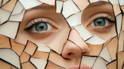 Canvas Print - A woman's face is made up of broken pieces of glass, AI