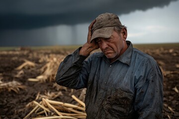 A farmer, covered in mud and visibly distressed, stands in a muddy field amid a heavy rainstorm, illustrating the difficulties faced during extreme weather conditions.