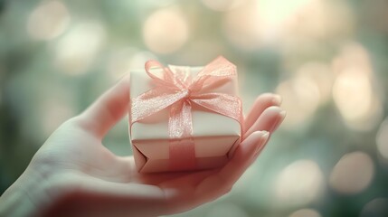 Elegant Hand Holding a Small Gift Box: A close-up of a delicate hand holding a small, wrapped gift box with a ribbon, set against a soft, blurred background.
