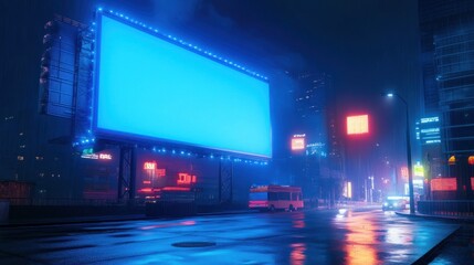 Big blue screen billboard on cyberpunk neon night city street mockup material background wallpaper AI generated image