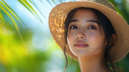Wall Mural - portrait of an asian woman applying sunscreen, outdoor setting with greenery, sun-kissed skin, natur
