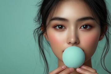 Wall Mural - asian woman applying foundation with a beauty blender, clean and smooth complexion, well-lit vanity,