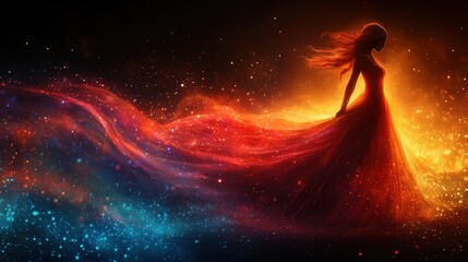 Wall Mural - abstract silhouette of a woman in a flowing dress, surrounded by holographic light trails, futuristi