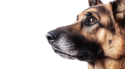 Close-up profile of a dog's face against a white background.