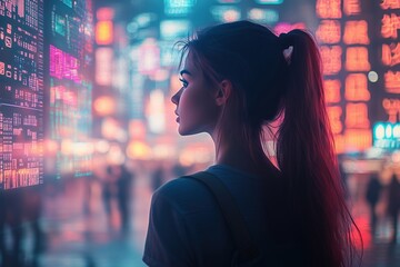 Wall Mural - a woman in a sleek, futuristic cityscape, surrounded by holographic advertisements, neon blues and p