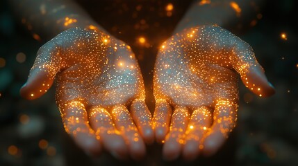 Wall Mural - close-up of hands adorned with intricate ai-generated jewelry, glowing, high-tech, hyper-realistic, 