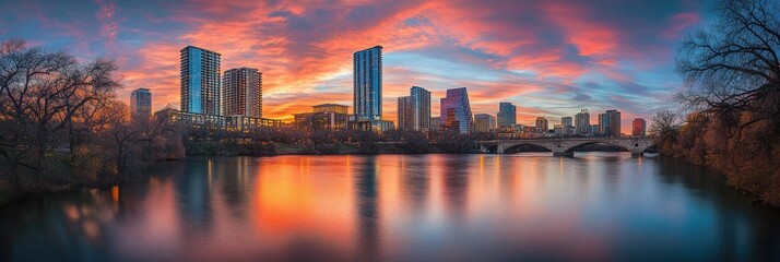 Counties In Texas. Austin, Texas Panoramic Cityscape with Colorado River at Sunset