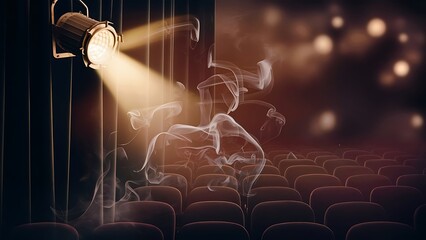 Vintage theatre spot light on black curtain with smoke