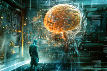 Futuristic digital representation of a huge human brain amidst swirling digital cells strands and glowing particles in a high-tech setting. Generative AI.