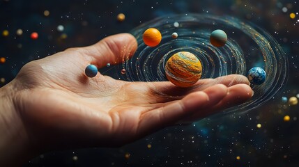 Wall Mural - hand creating a solar system: a hand forming a miniature solar system in the palm, with planets orbi