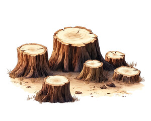A collection of tree stumps of various sizes, showcasing the natural texture and patterns of wood on a sunny day.