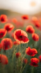 Blurred and defocused image of red beautiful poppies bloom, poppy red flowers meadow