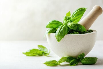 Pestle Mortar With Veggies. Fresh Basil Leaves in Mortar Bowl on White Background