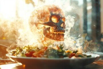 A creative culinary scene featuring a skull and a vibrant salad, enhanced by smoke and dramatic lighting. Vibrant Dia de Los Muertos Celebration food decorated for mexican day of the dead.