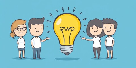 Team Lightbulb Cartoon. The Business Ideas Exchange among Creative People and Teammates in Office