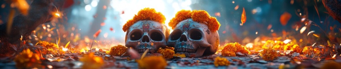 A hauntingly beautiful scene featuring two decorated skulls amidst vibrant flowers and a mystical atmosphere. food decorated for mexican day of the dead.