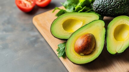 Freshly sliced avocados on a wooden board with green leaves and tomatoes, perfect for healthy cooking and meal prep.