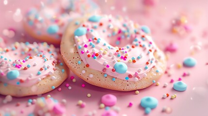 Poster - A pink frosted donut with colorful sprinkles, on a pink background.