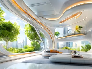 Canvas Print - Futuristic Living Room with City View.