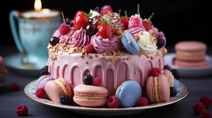 Colorful birthday cake adorned with pink icing, meringues, and candies on blue stand.