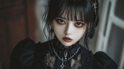 Wall Mural - Character girl asian cute model black gothic make up halloween theme background wallpaper AI generated image