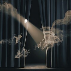 Vintage theatre spot light on black curtain with smoke