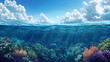 © Thiago - Above and below surface of the caribbean sea with coral reef underwater and a cloudy blue sky. Coral Reef. Illustration