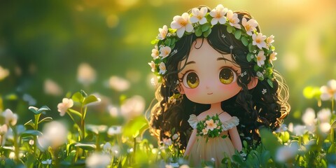 Canvas Print - Anime girl with flower crown in field of flowers.