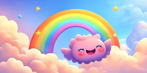 Wall Mural - A smiling cloud flying under a rainbow.