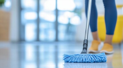 cleaning in progress: close-up of a blue mop on shiny floor with person's legs in background. fresh,
