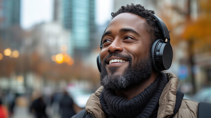 A man wearing headphones and casual clothes listening to music. City life in the background