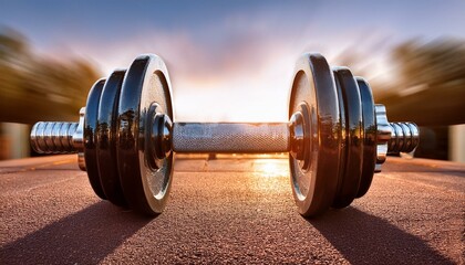 A dumbbell with weights is positioned on an outdoor surface