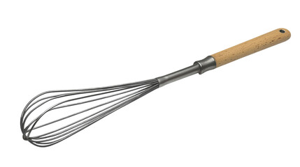 A wire whisk with a wooden handle, isolated on a black background. This essential kitchen tool is perfect for whipping cream, beating eggs, and mixing batter. 