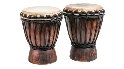 Two traditional wooden djembe drums isolated on a black background, emitting a sense of rhythm and cultural heritage. 