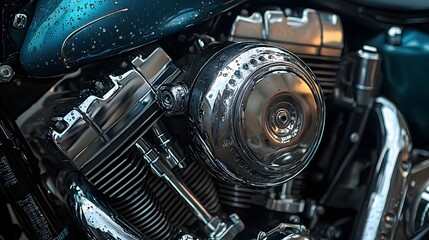 Close Up of Motorcycle Engine with Water Droplets