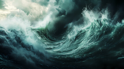 Wall Mural - Apocalyptic dramatic background, giant tsunami waves, dark stormy sky, tornado. huge waves tsunami big waves. 3d render. Stormy Sea. Illustration