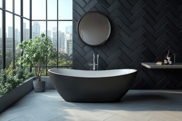 Poster - Modern Bathroom Interior Design with City View