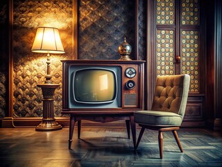 A retro television stands upright on dusty vintage furniture, its wooden case and rotary dials a nostalgic reminder of bygone eras under the soft glow of a dimly lit room.