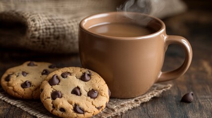 A steaming mug filled with tea or coffee and a side of chocolate chip cookies.