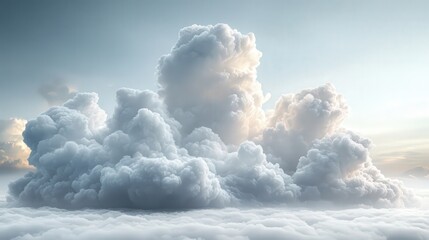 A single fluffy cumulus cloud, soft and white, perfectly formed, floating gently, isolated on white background