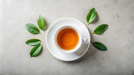 Wall Mural - Top view of a minimalist white cup of tea on a saucer, surrounded by tea leaves, placed on a light and open background 