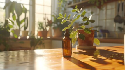 Canvas Print - Sunlight bathes an indoor space filled with lush plants, focusing on a small amber bottle on a wooden table, capturing a serene, natural atmosphere.